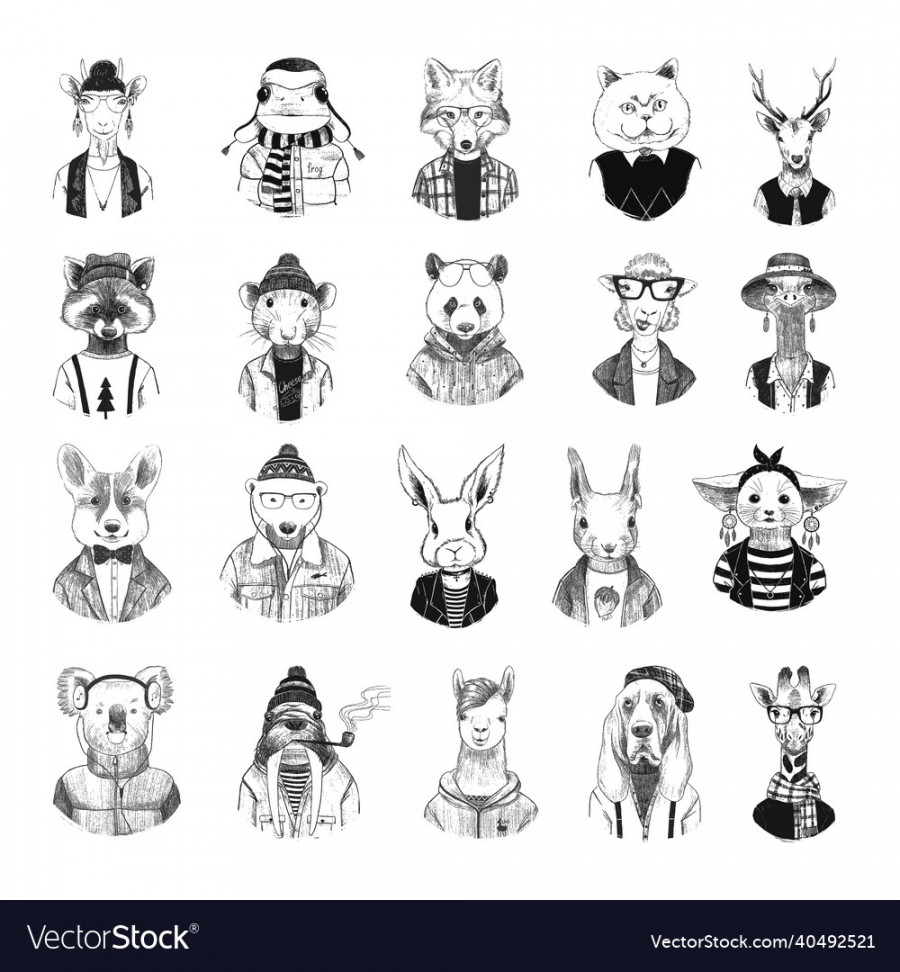 Funny animals in art ink style Royalty Free Vector Image