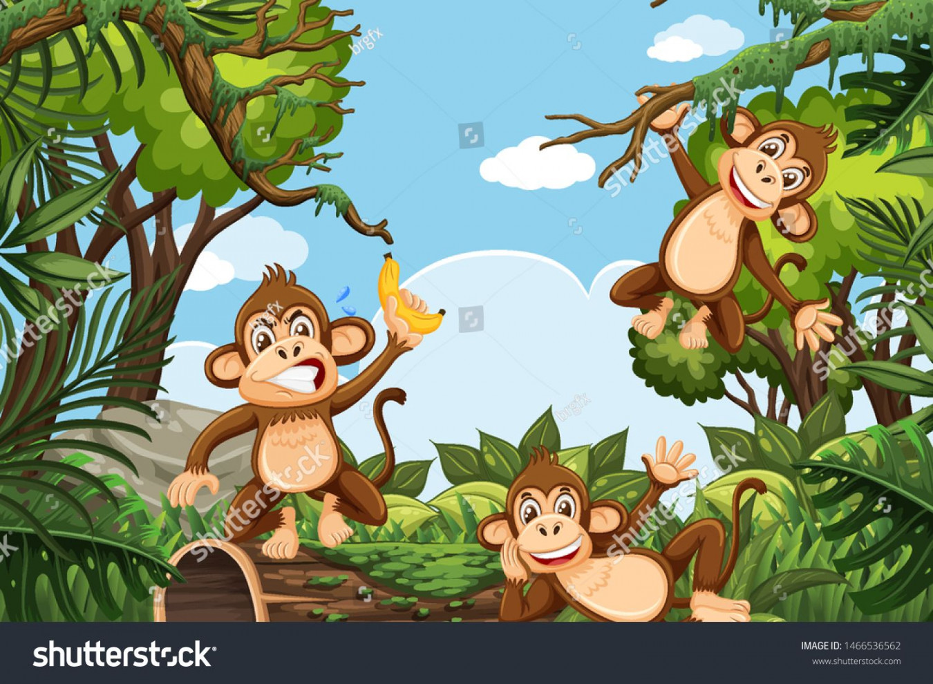 Funny monkeys in jungle scene illustration #Ad , #Aff, #monkeys