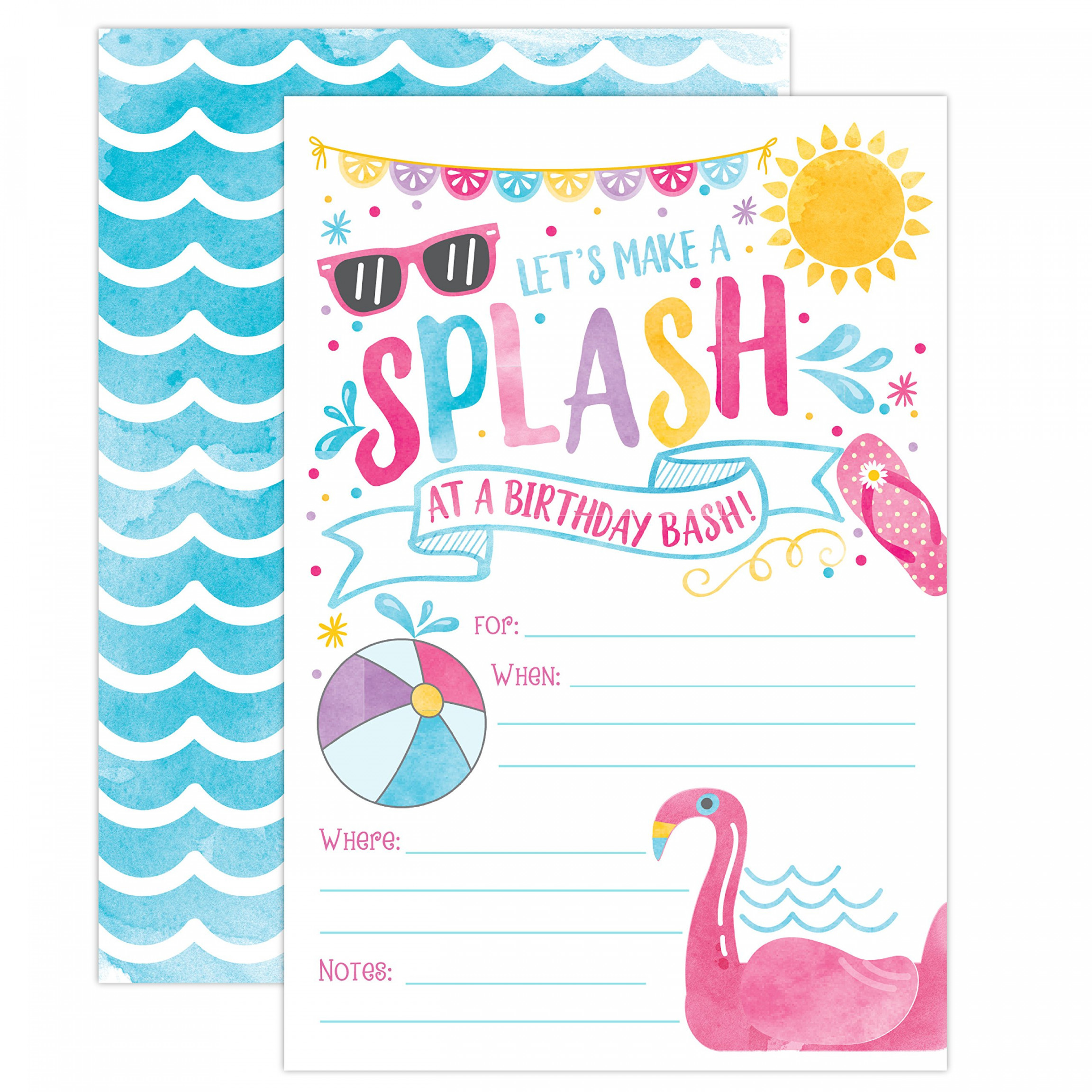 Girl Pool Party Birthday Invitations, Summer Pool Party Bash, Splash Pad,  Water Park Charges,  Fill In Pool Party Invitations with Envelopes