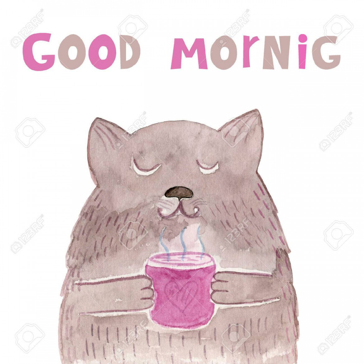 Good Morning Card. Cat In Waistcoat With Cup