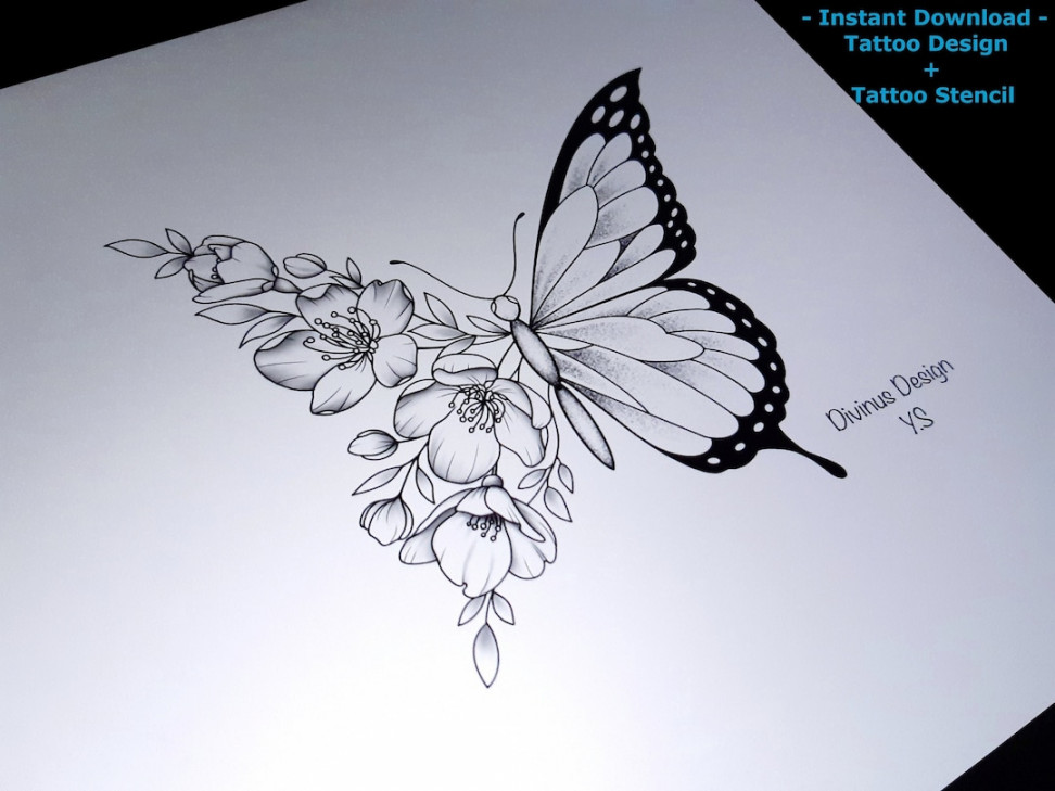 Half Butterfly and Half Flowers Tattoo Design - Etsy