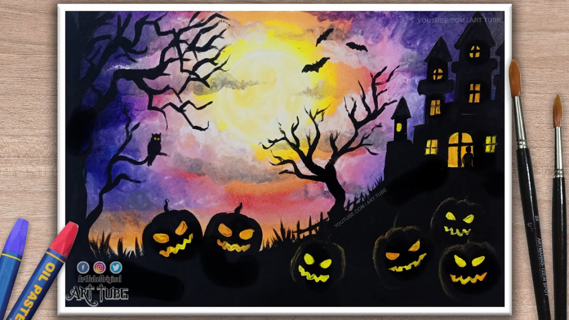 Halloween Drawing  Haunted House Scenery  How to Draw Halloween Pumpkin,  Tree, Bats