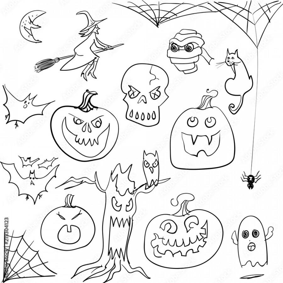 Halloween drawing style icons and graphics line art, Sketch line