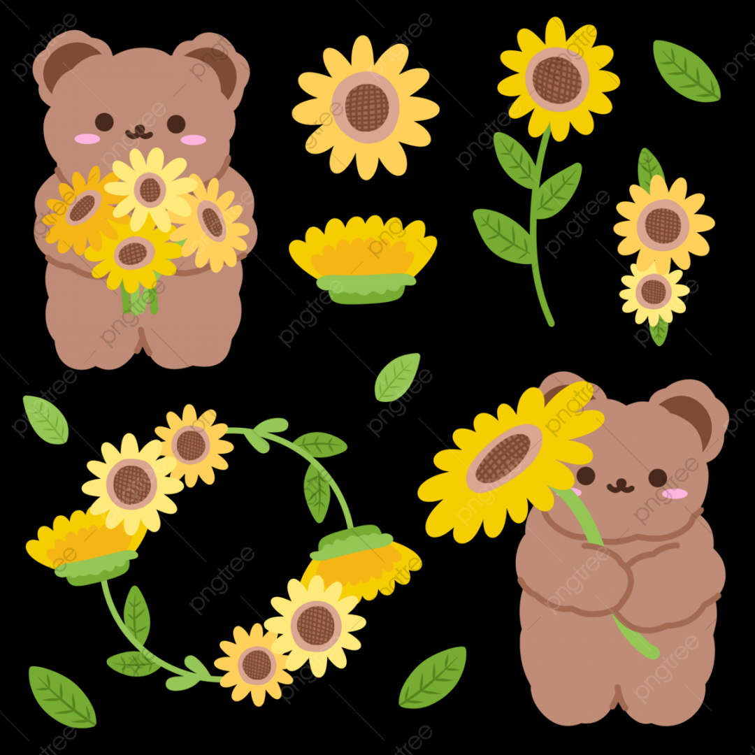 Hand Draw Sunflowers And Bear Cute Korean Sticker, Sunflower, Bear