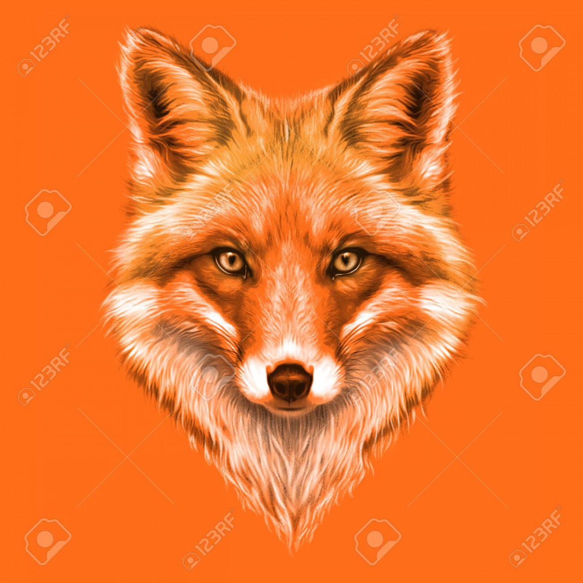 Hand-drawing Portrait Of A A Red Fox On A Orange Background Stock