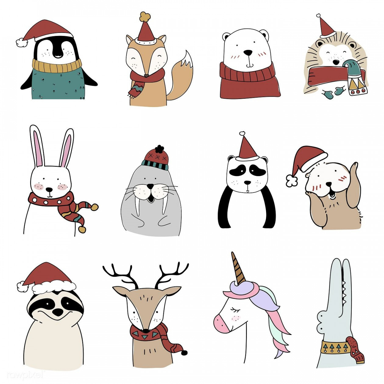 Hand drawn animals enjoying a Christmas holiday  free image by