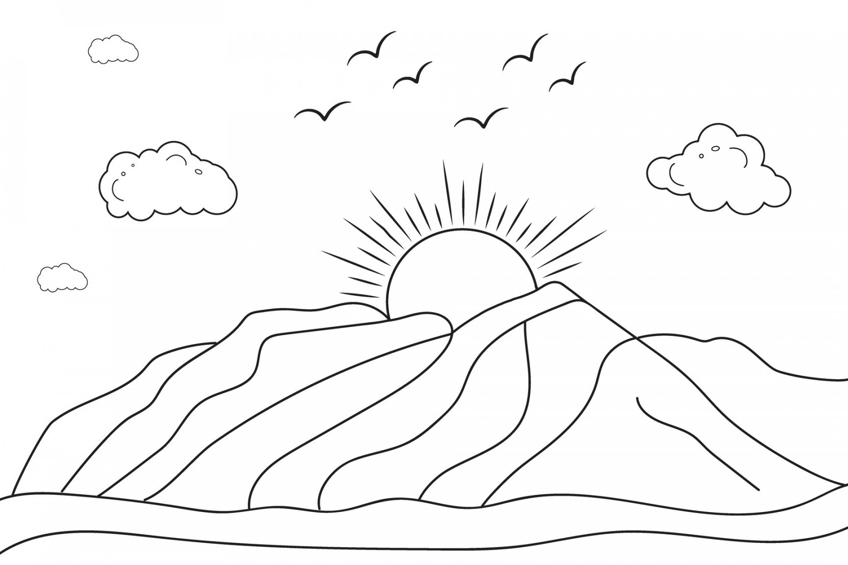 hand-drawn line art landscape mountain view, with sun and clouds