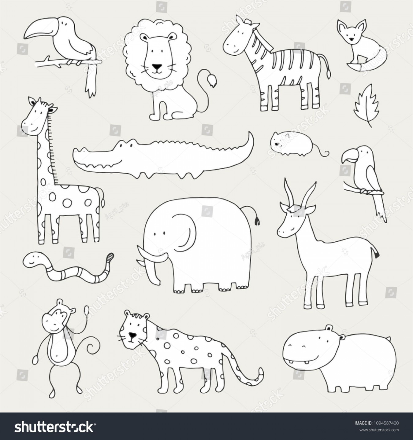 Hand drawn set of different jungle animals: elephant, lion, zebra