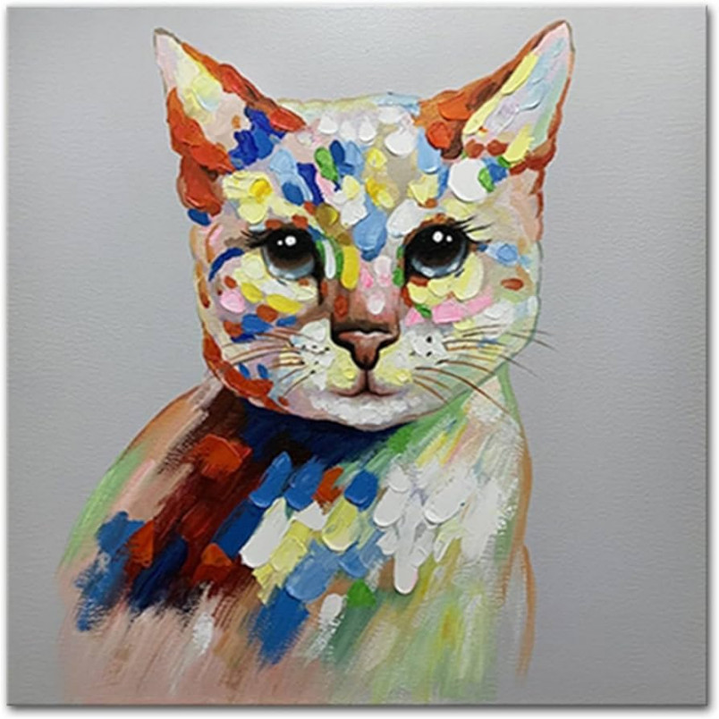 Hand Painted Animal Art Oil Painting - Large Abstract Cute Cat Textured  Square Background Modern Painting On Canvas For Living Room Artwork Picture