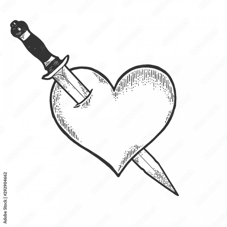 Heart symbol pierced with knife dagger weapon sketch engraving