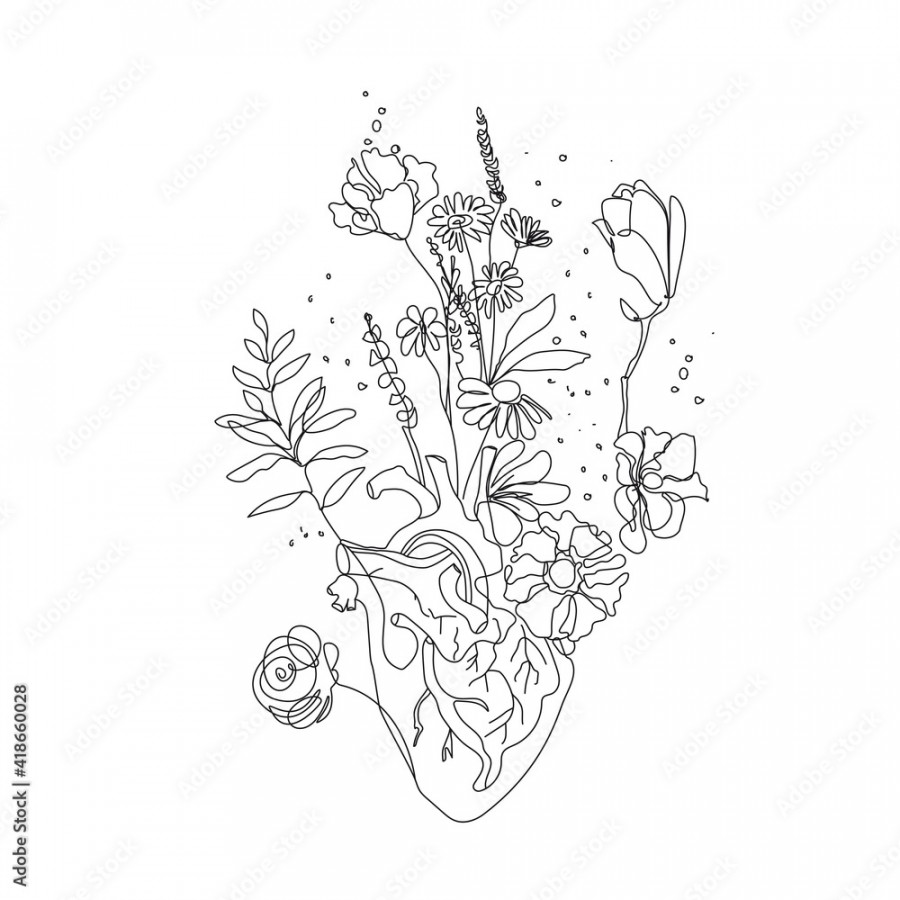 Heart with Flowers Continuous One Line Drawing Black Sketch on