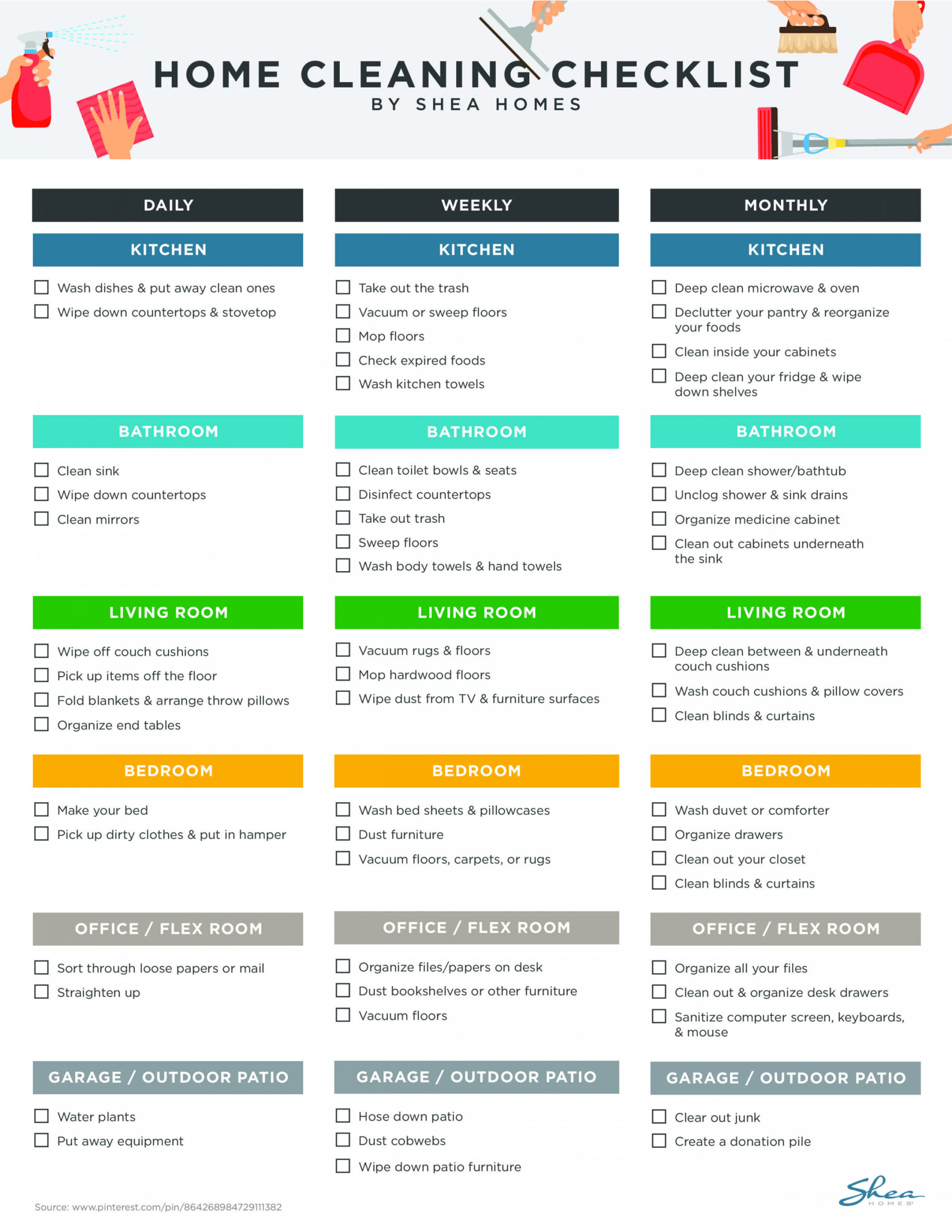 Home Cleaning Checklist - Daily, Weekly, Monthly  Cleaning