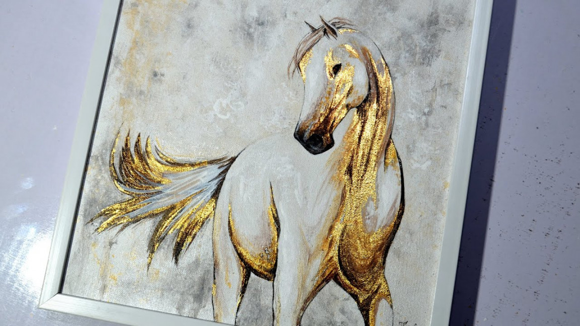 How to  Abstract Acrylic Painting Tutorial on Canvas / Horse with Gold  leaf / easy technique