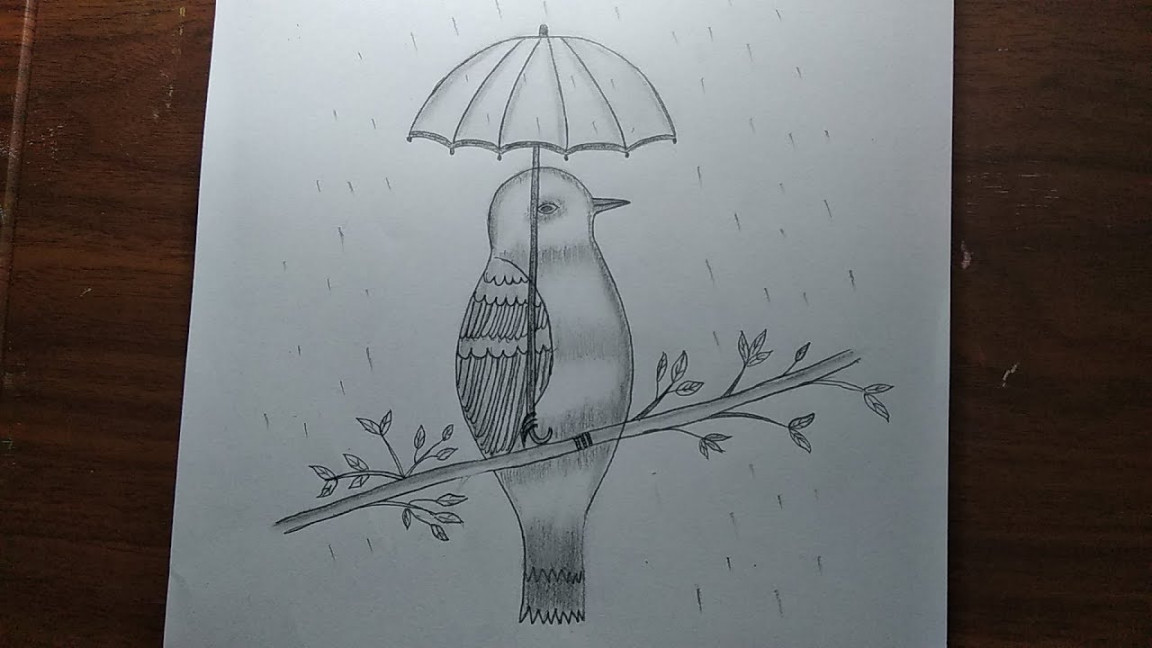 How to Draw a Bird with Umbrella - Pencil Sketch  Rainy Day Drawing step  by step