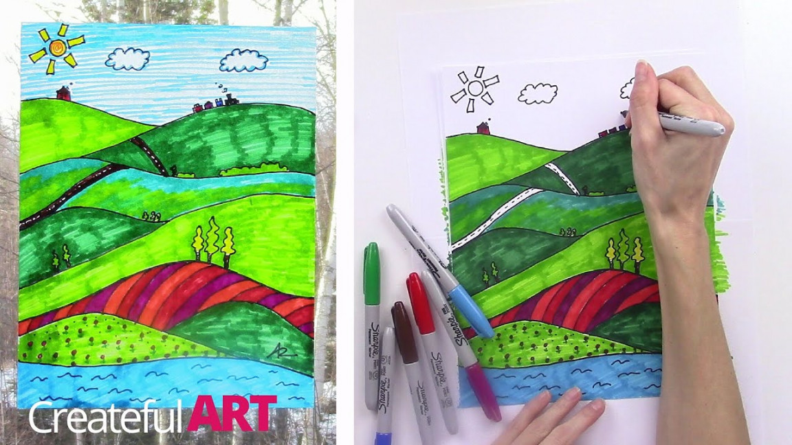 How To Draw a Landscape--Art Lesson For Kids