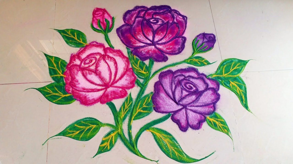 How to draw BEAUTIFUL ROSE FLOWER Rangoli Designs with colours  Creative  Muggulu  Uni  Flower rangoli, Simple rangoli border designs, Colorful  rangoli designs