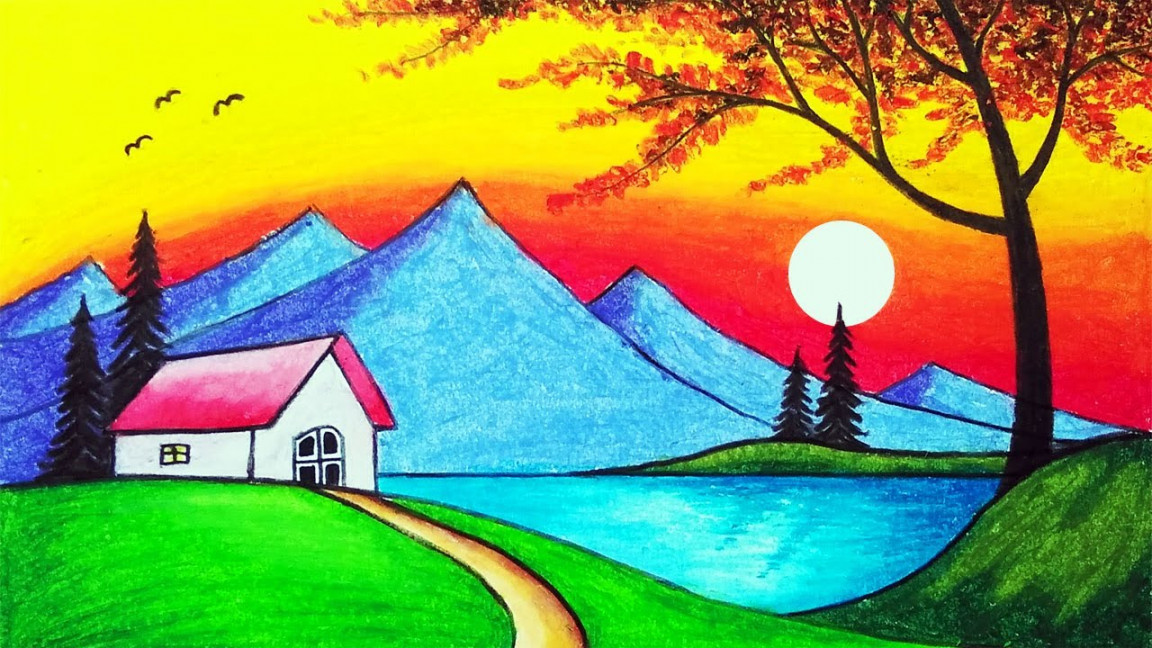 How to Draw Beautiful Sunset and Mountain Lake Scenery Drawing for Beginners