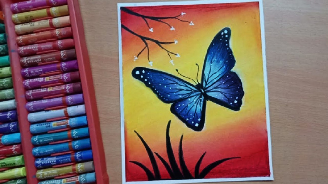 How To Draw Easy Butterfly Scenery with Oil Pastels - Step by Step