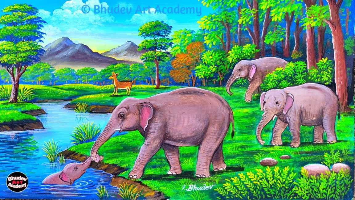 How To Draw forest Scenary Step By StepElephant Scenary With Animal With  Acrylic Colour