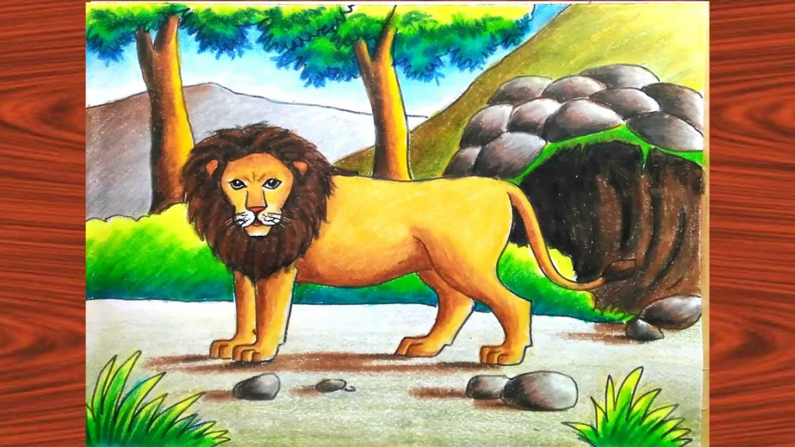 How to draw lion scenery easy step by step /Lion drawing easy with pastel  colour