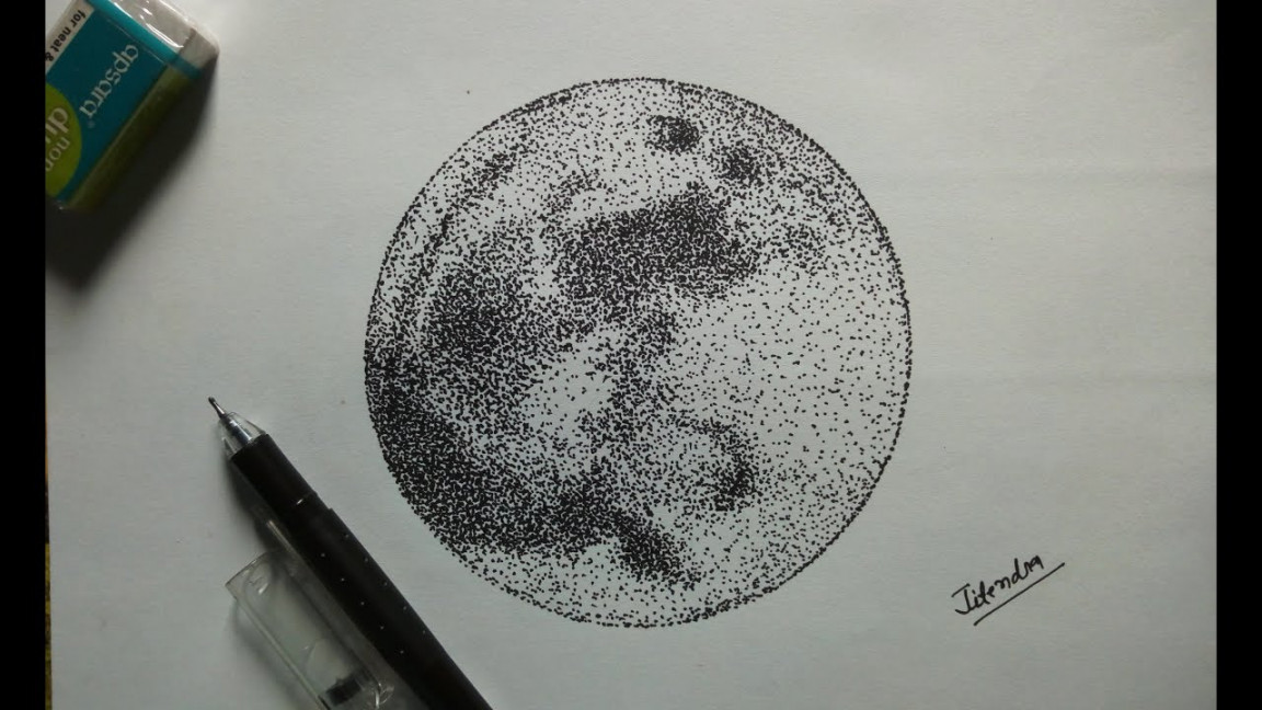 How to draw moon[The real moon sketch with black pen]