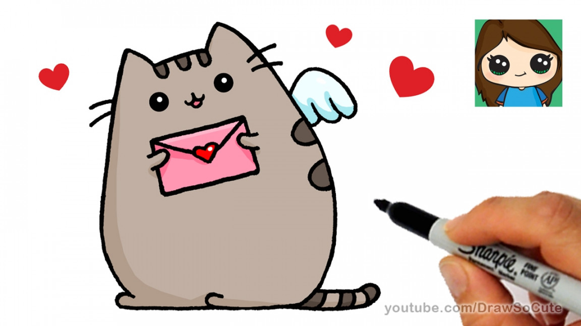 How to Draw Pusheen Cat Valentines Love Easy