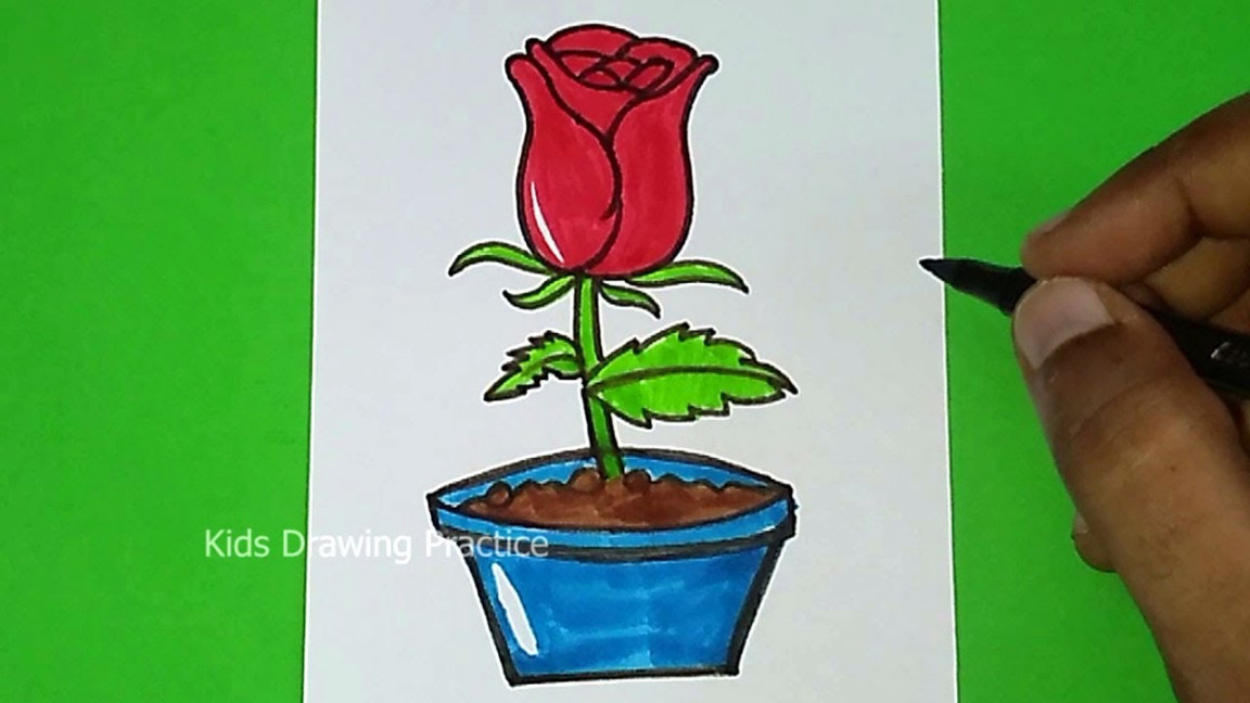 How to draw Rose Flower Pot Drawing  World Rose Day Drawing  Easy Flower  Pot