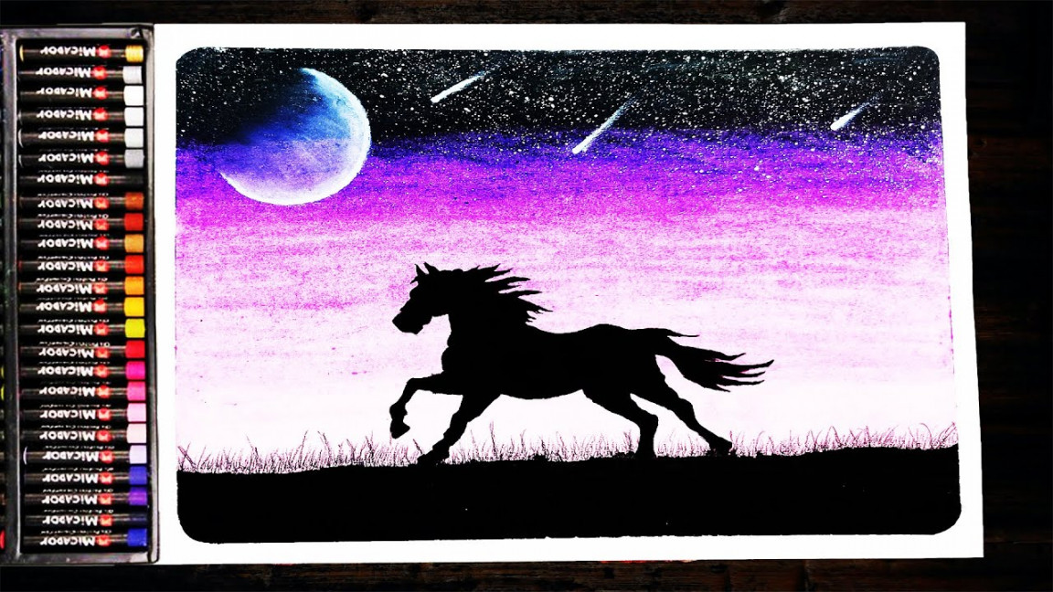 How to Draw Star Filled Night Sky With Horse in Oil Pastel  Step by Step  For Beginners