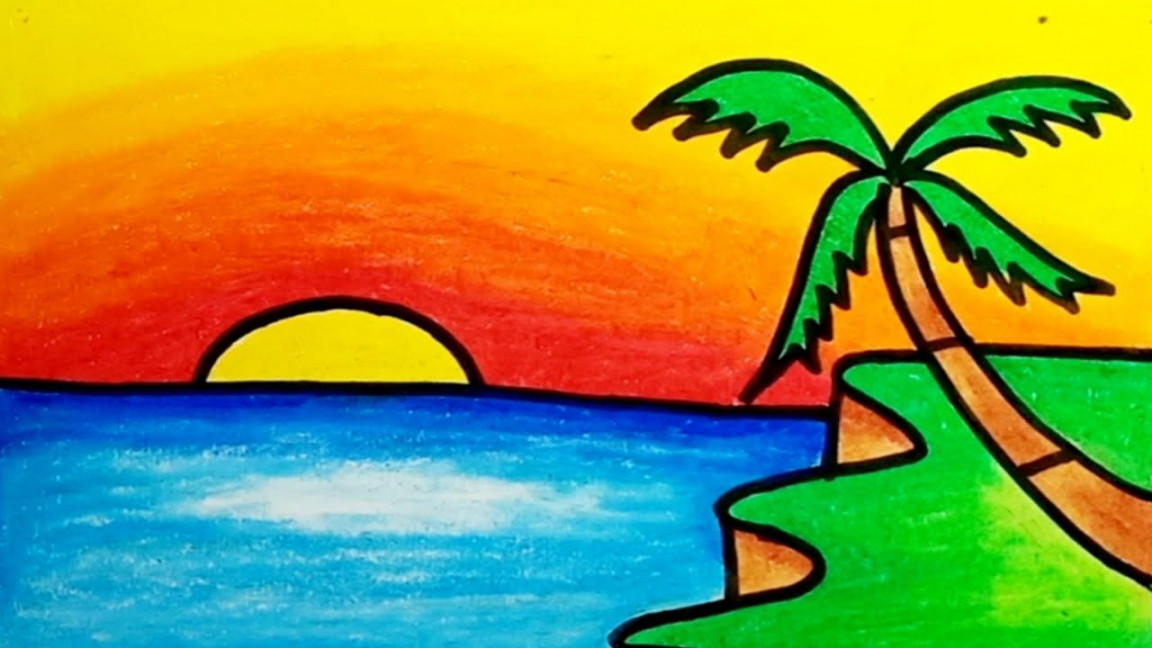 How To Draw Sunset Scenery Easy For Beginners Drawing Sunset