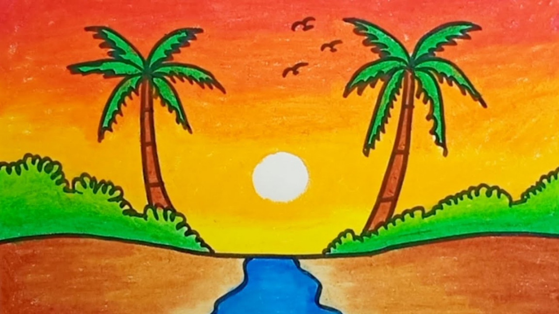 How To Draw Sunset Scenery With Oil Pastels Drawing Sunset Scenery Easy  For Beginners