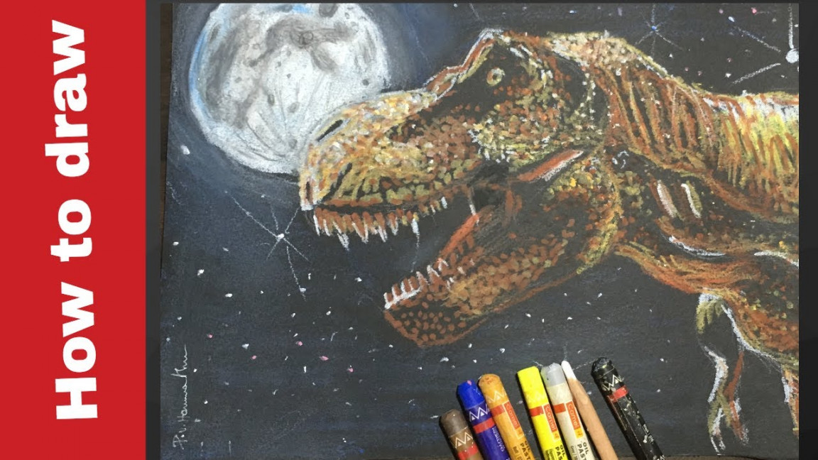 How to draw T-rex with oil pastels  easy t-rex drawing on Black paper  P  V Hanumanthu art