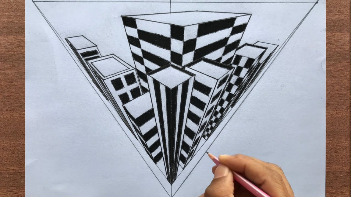 How to Draw using -Point Perspective: Draw Buildings of a Town   Bird’s-Eye View Drawing