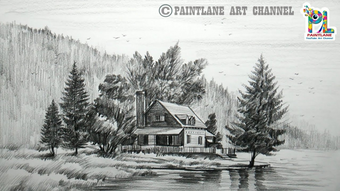 How to Draw Wooden House At Mountain Landscape Area And Lake With Pencil   Easy Pencil Strokes