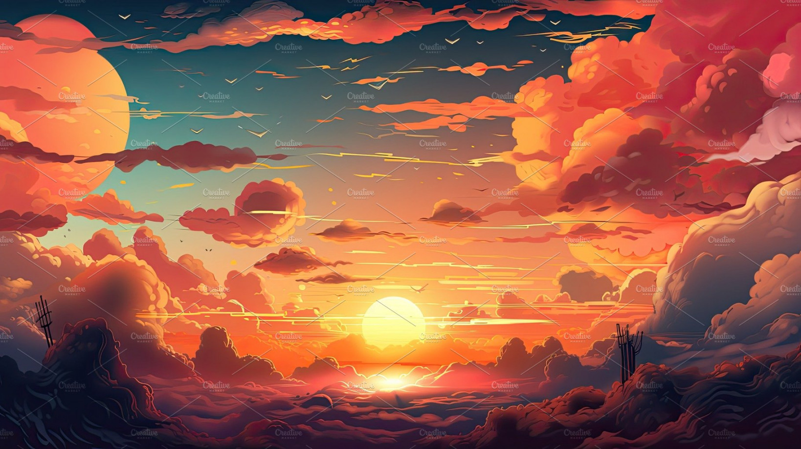 Illustrated sky with clouds, sun, stars, and sunrise or sunset.