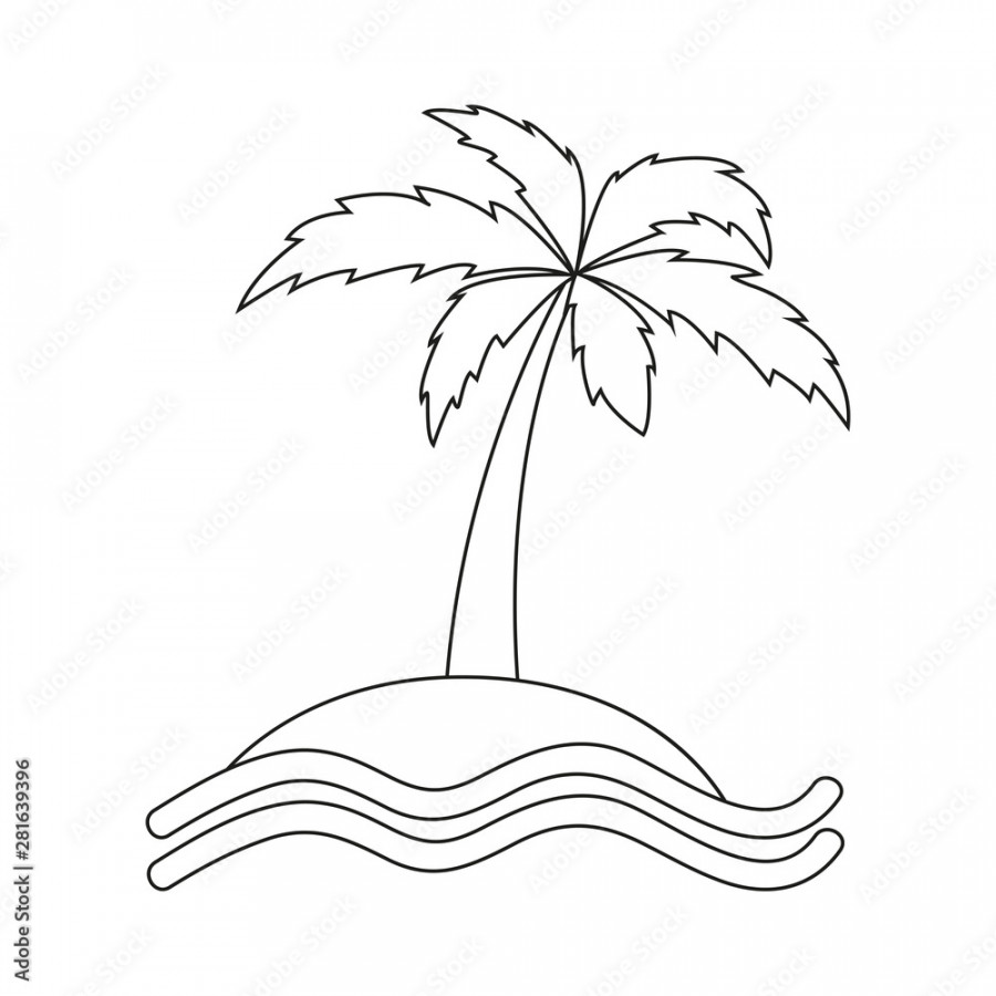 island with palm tree outline drawing vector illustration EPS