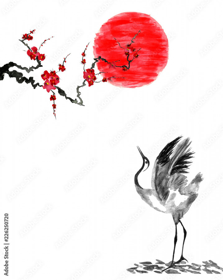 Japanese crane bird drawing and red sun