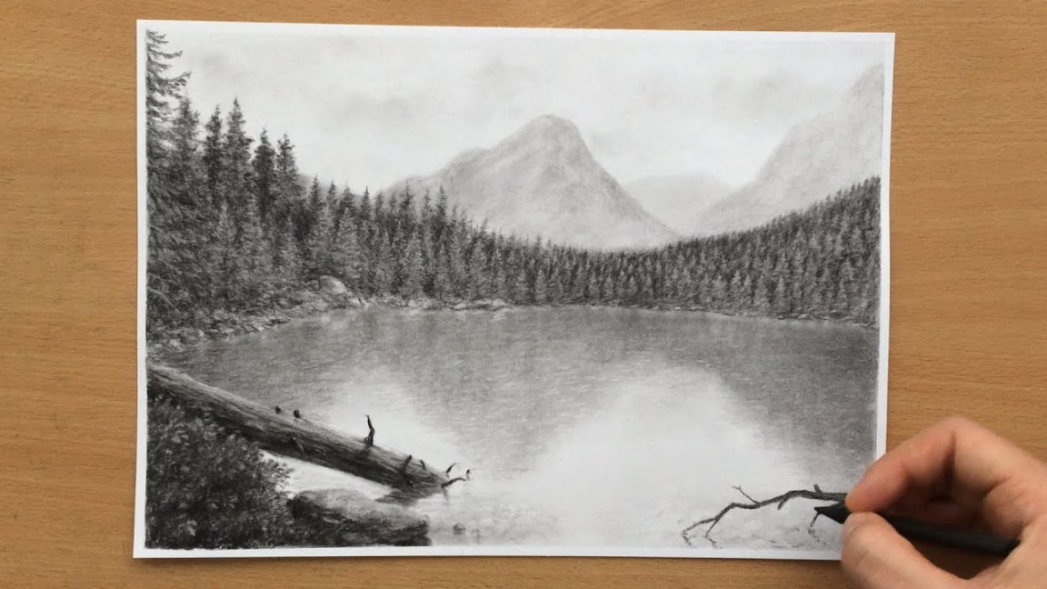 Lake Landscape Charcoal Drawing