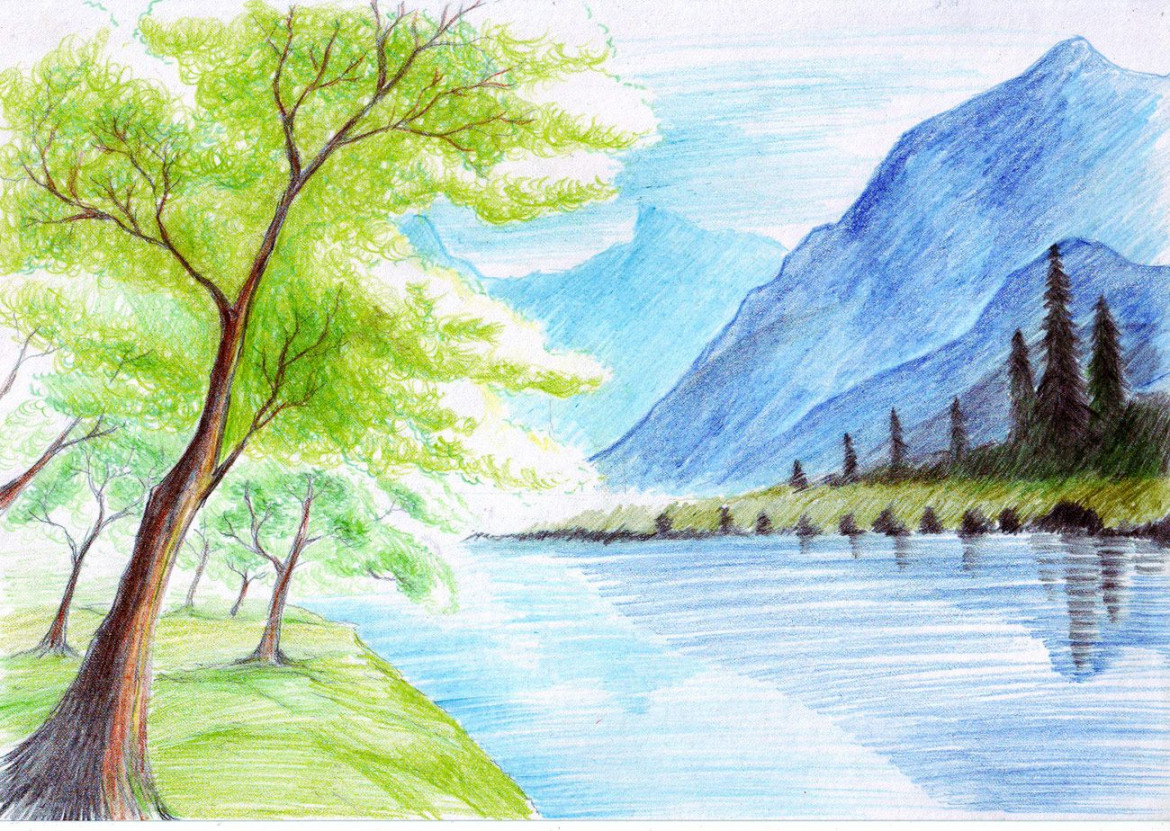 Landscape with color pencil  Landscape drawings, Colorful