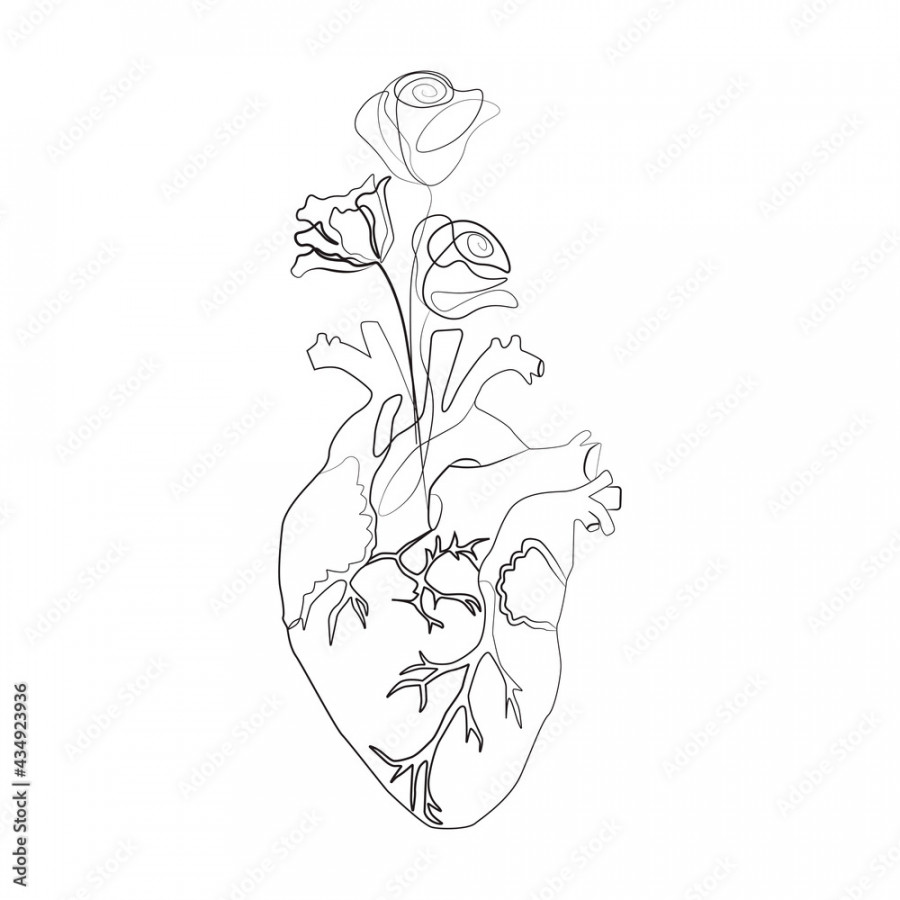 Line art sketch of human heart flowers, vector illustration Stock