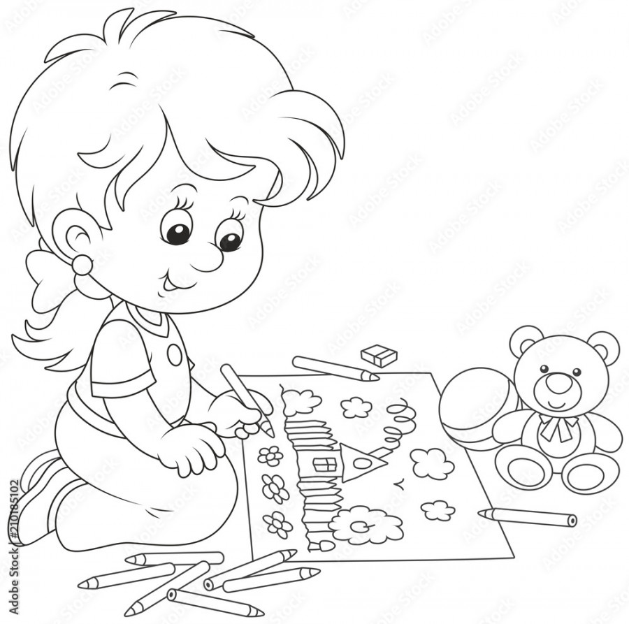 Little girl drawing a funny picture with pencils, black and white