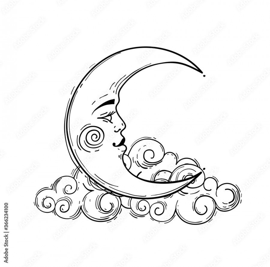 Magic crescent moon with face, line drawing isolated on white