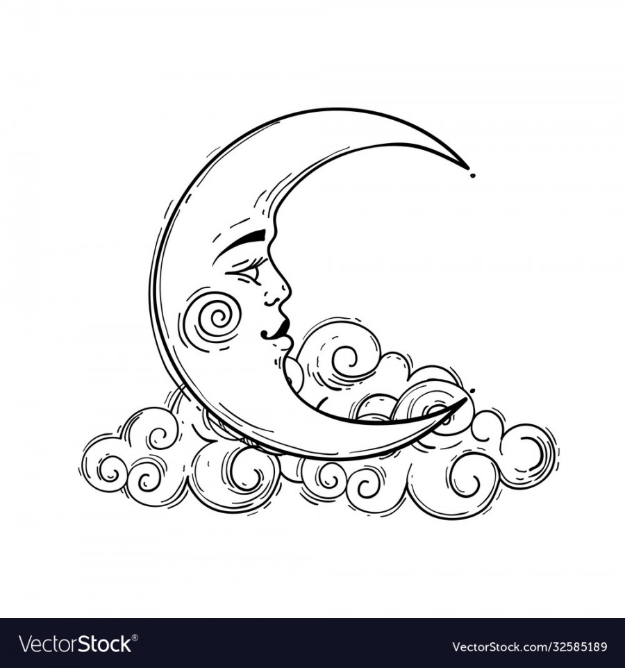 Magic crescent moon with face line drawing Vector Image