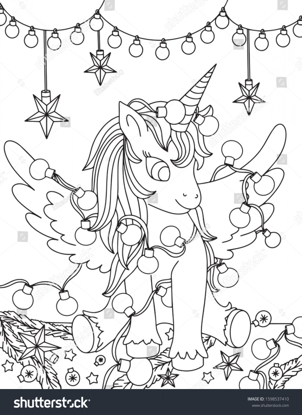 Merry Christmas Unicorn Coloring Hand Drawn: Stock-Vektorgrafik