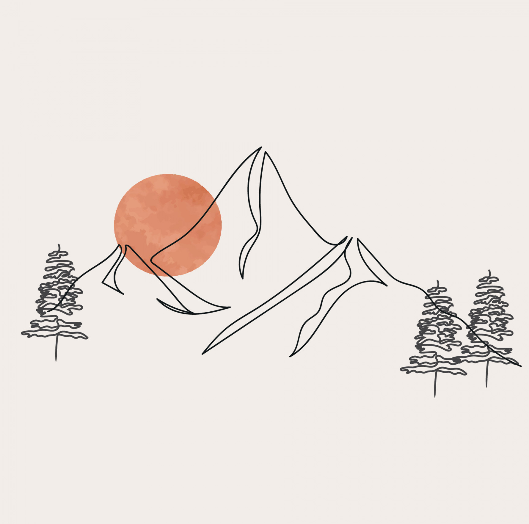 Minimalist Mountain Line Art, Landscape Outline Drawing, Sport