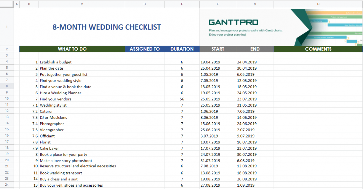 month wedding planning checklist  Excel Template  Free Download