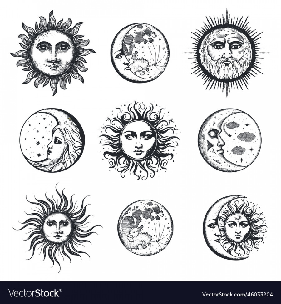 Moon and sun hand drawing in engraving style set Vector Image