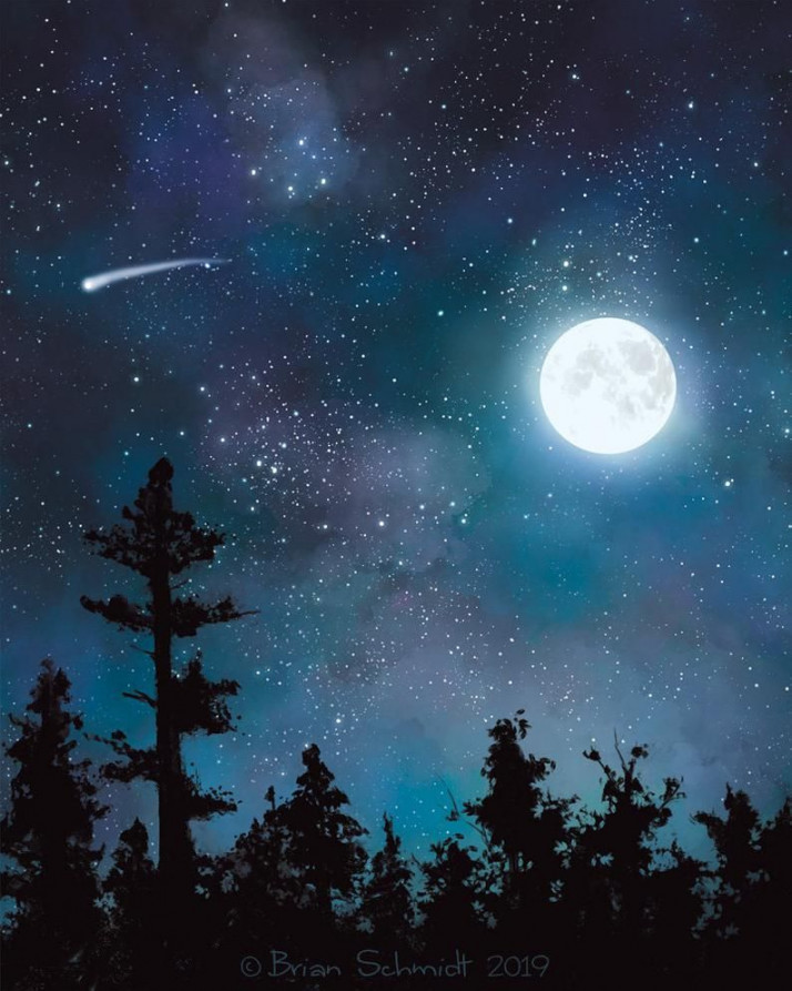 Moon Art Print Night Sky Illustration, Moon and Trees, Moonlit Sky