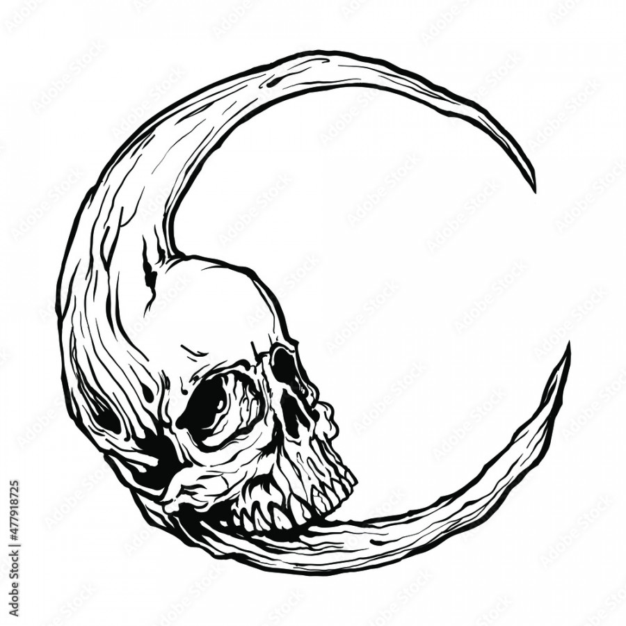 Moon Skull Hand drawn. Skull line art