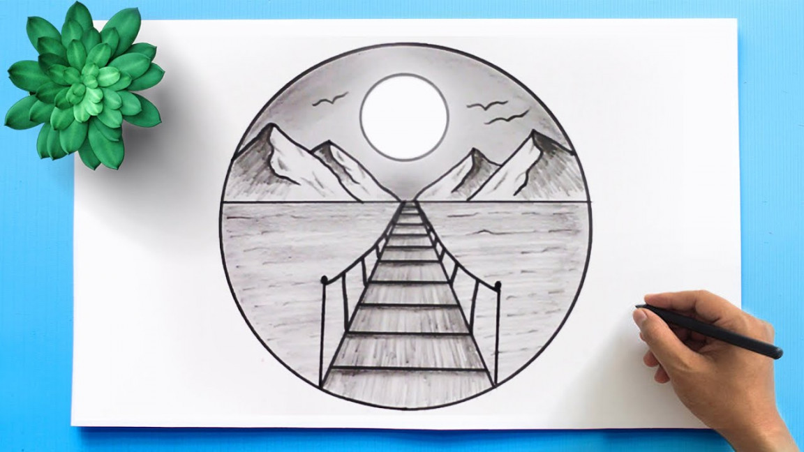 Mountain and River Landscape Drawing - Easy Pencil Drawing Landscape  Drawing in a circle