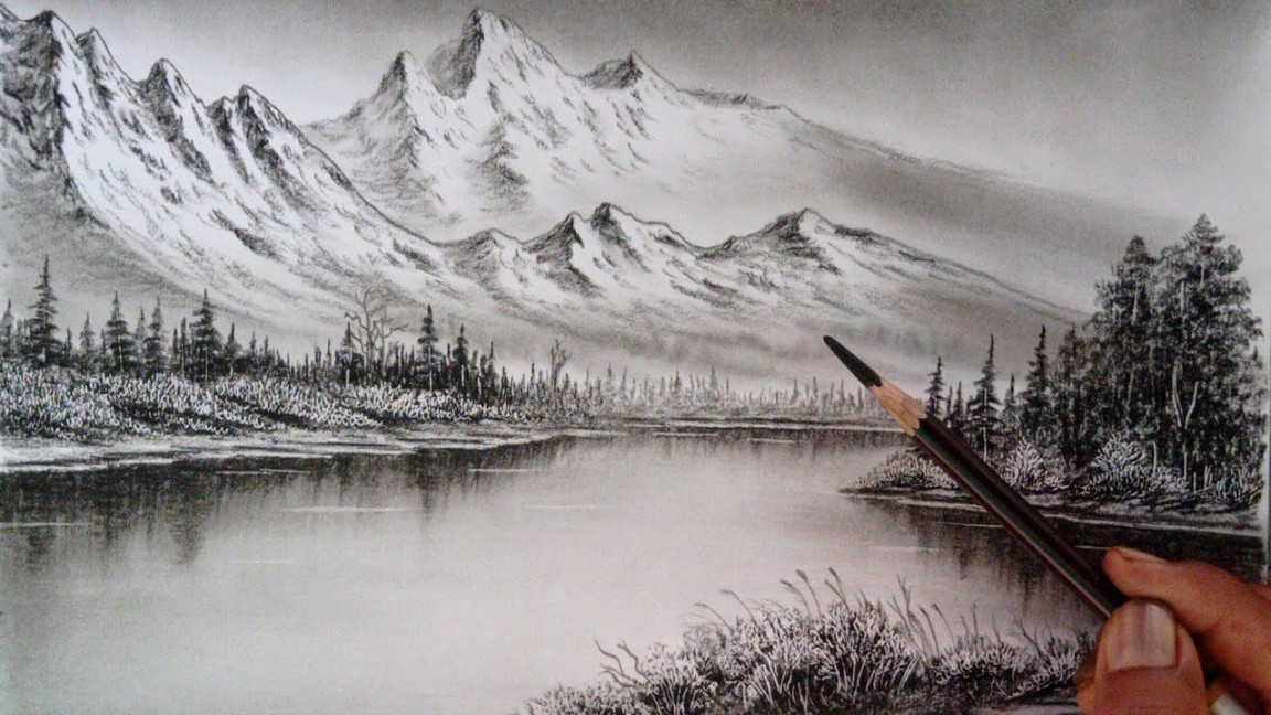 Mountain lake landscape scenery drawing easy ways // Pencil drawing nature  view easy ways //